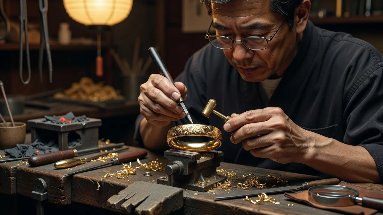 金のリングに道具で彫りを入れる作業のイメージ画像