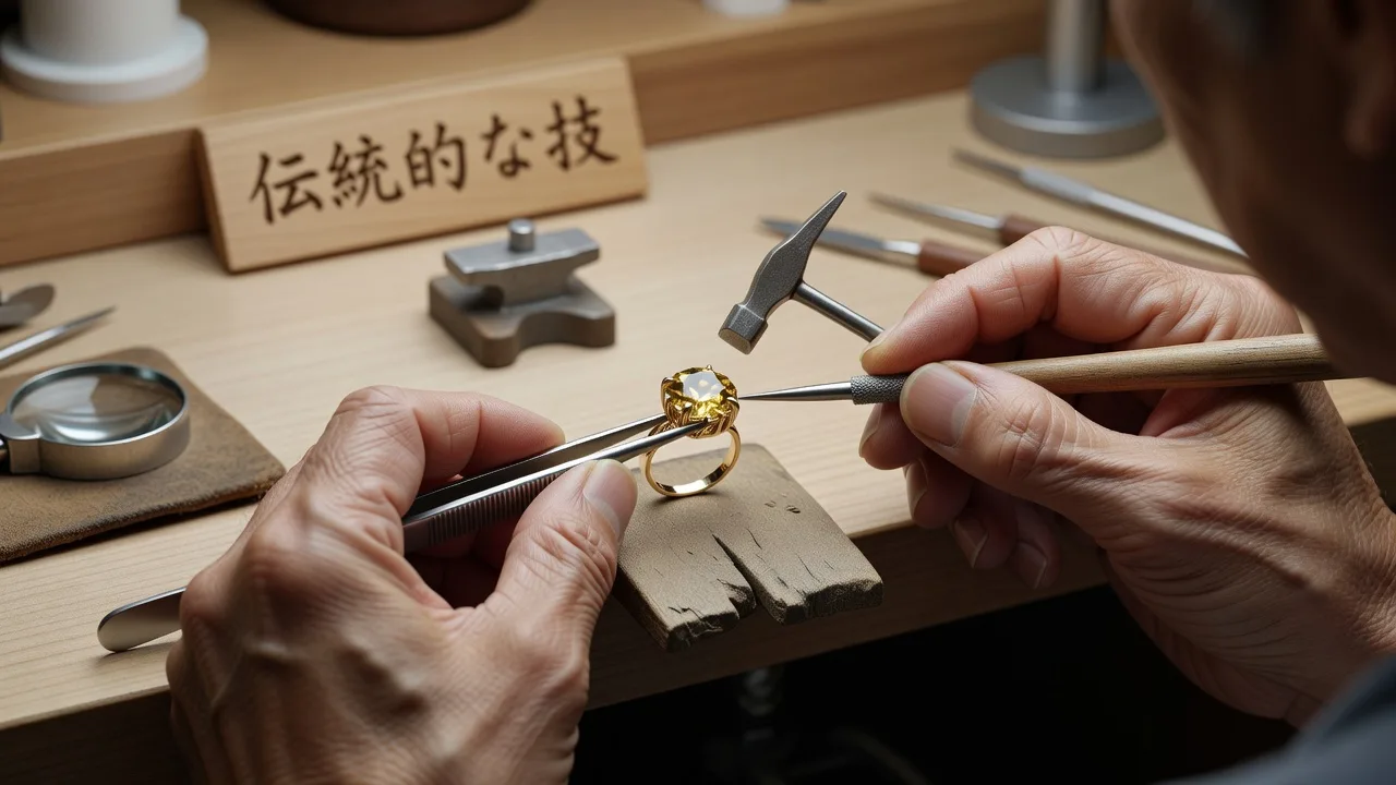ピンセットでトパーズを留める作業のイメージ画像