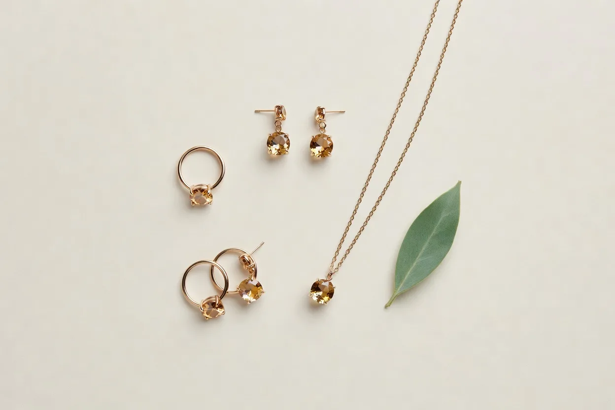 リング、ピアス、ペンダントと葉を並べたジュエリーのフラットレイ