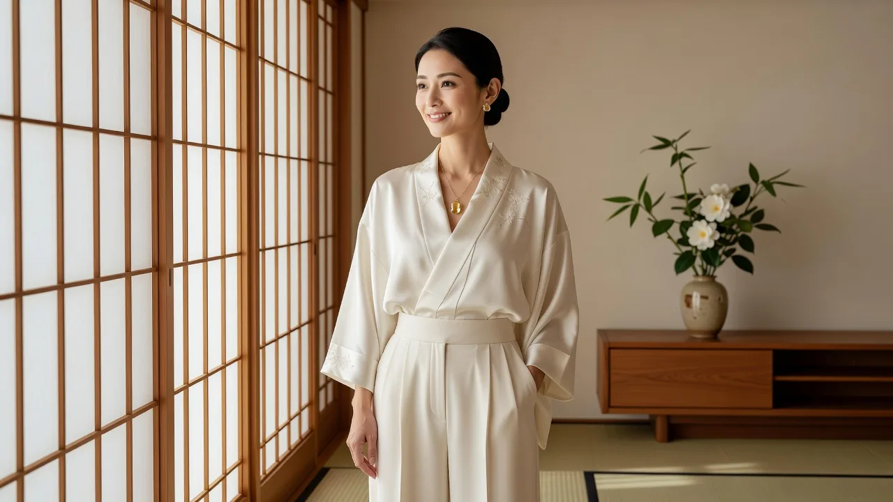 着物を着た女性とトパーズジュエリー