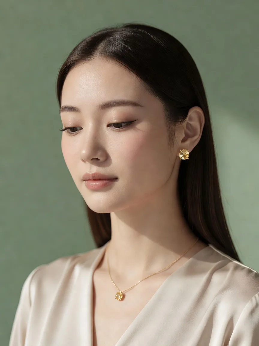 優雅な女性がトパーズのジュエリーを身に着けたポートレート
